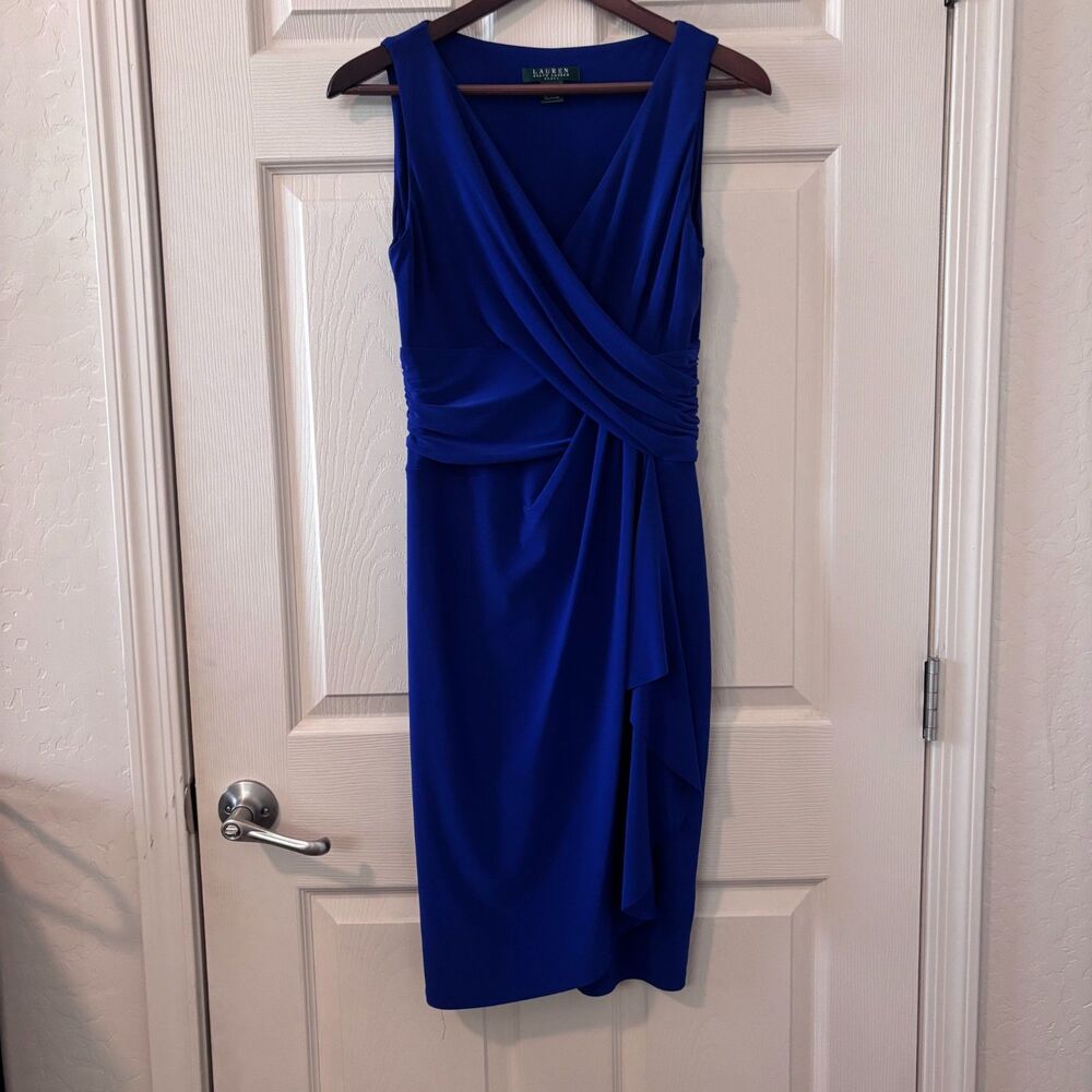 Lauren Ralph Lauren Royal Blue Draped Faux Wrap Midi Dress Size 6